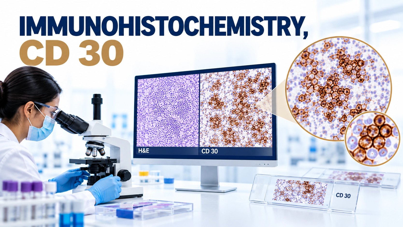 CD30 immunohistochemistry staining showing lymphoma marker expression in lymphoid tissue sample