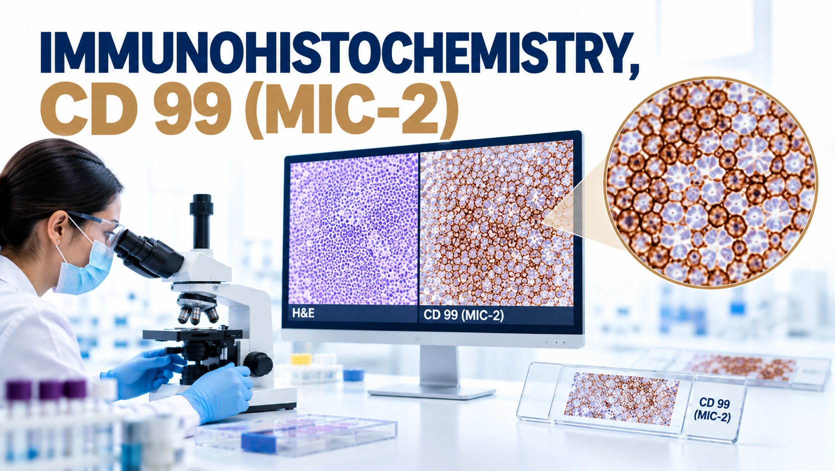 IHC CD99 (MIC-2) immunohistochemistry test showing membranous staining in small round cell tumor tissue under microscope