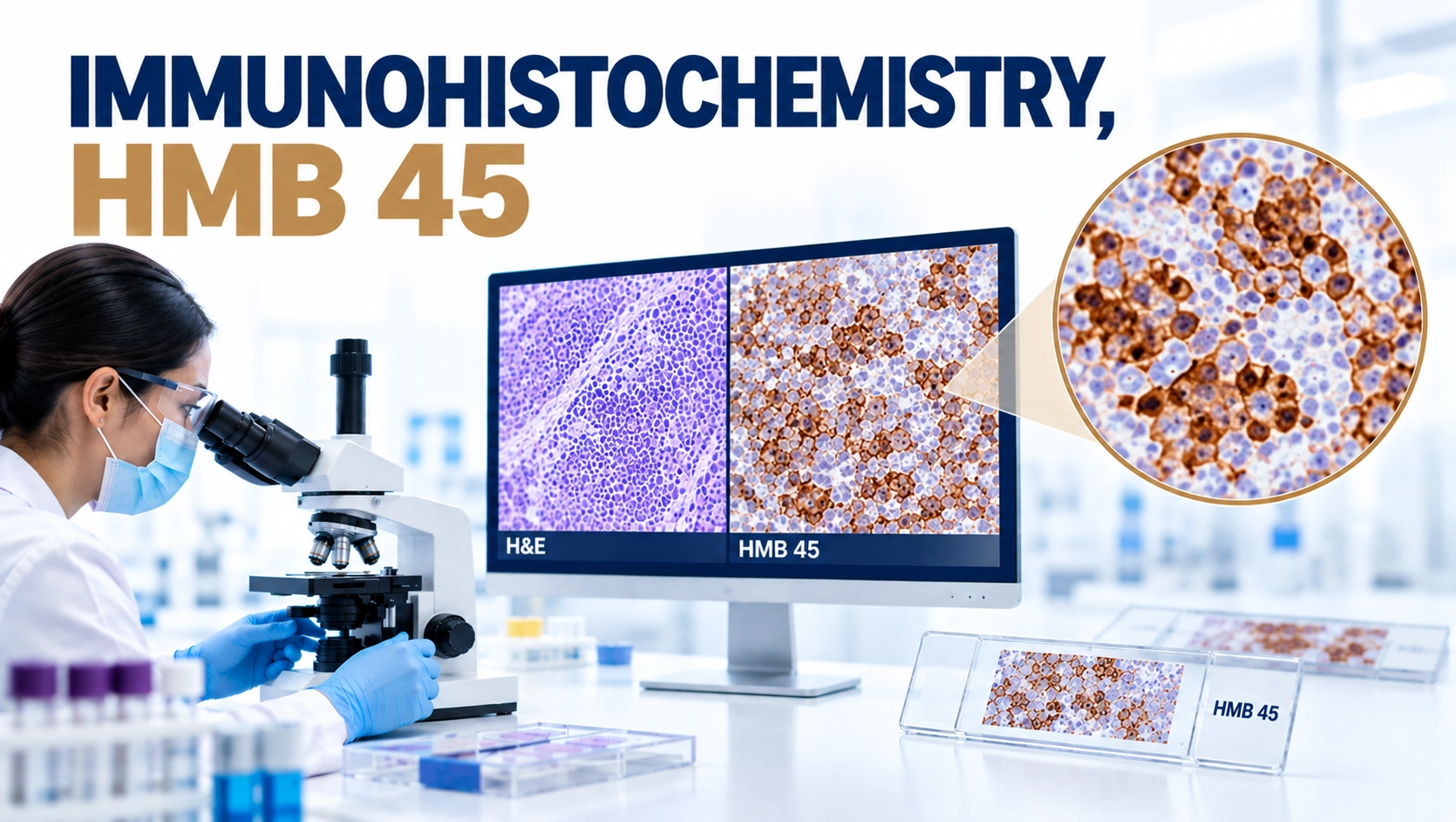 IHC HMB-45 immunohistochemistry test showing melanoma marker staining in skin tumor tissue under microscope