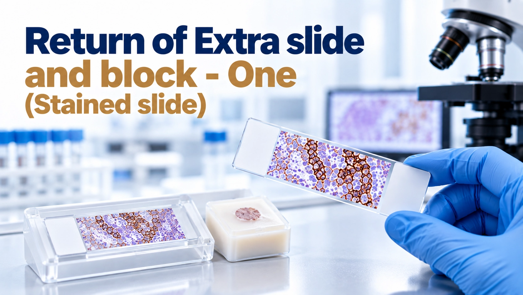 Histopathology stained slide and paraffin tissue block prepared for return, second opinion review, and additional diagnostic testing
