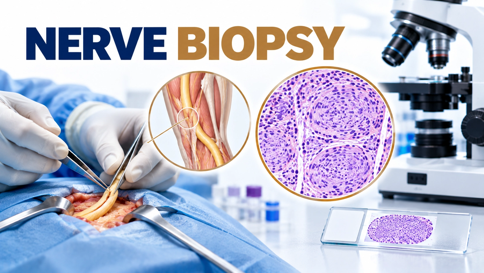 Nerve biopsy procedure showing peripheral nerve tissue sample collection and microscopic examination for neuropathy diagnosis