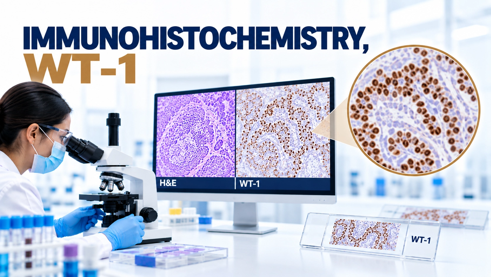 IHC WT-1 immunohistochemistry test showing Wilms Tumor 1 protein staining in ovarian or mesothelial tumor tissue under microscope
