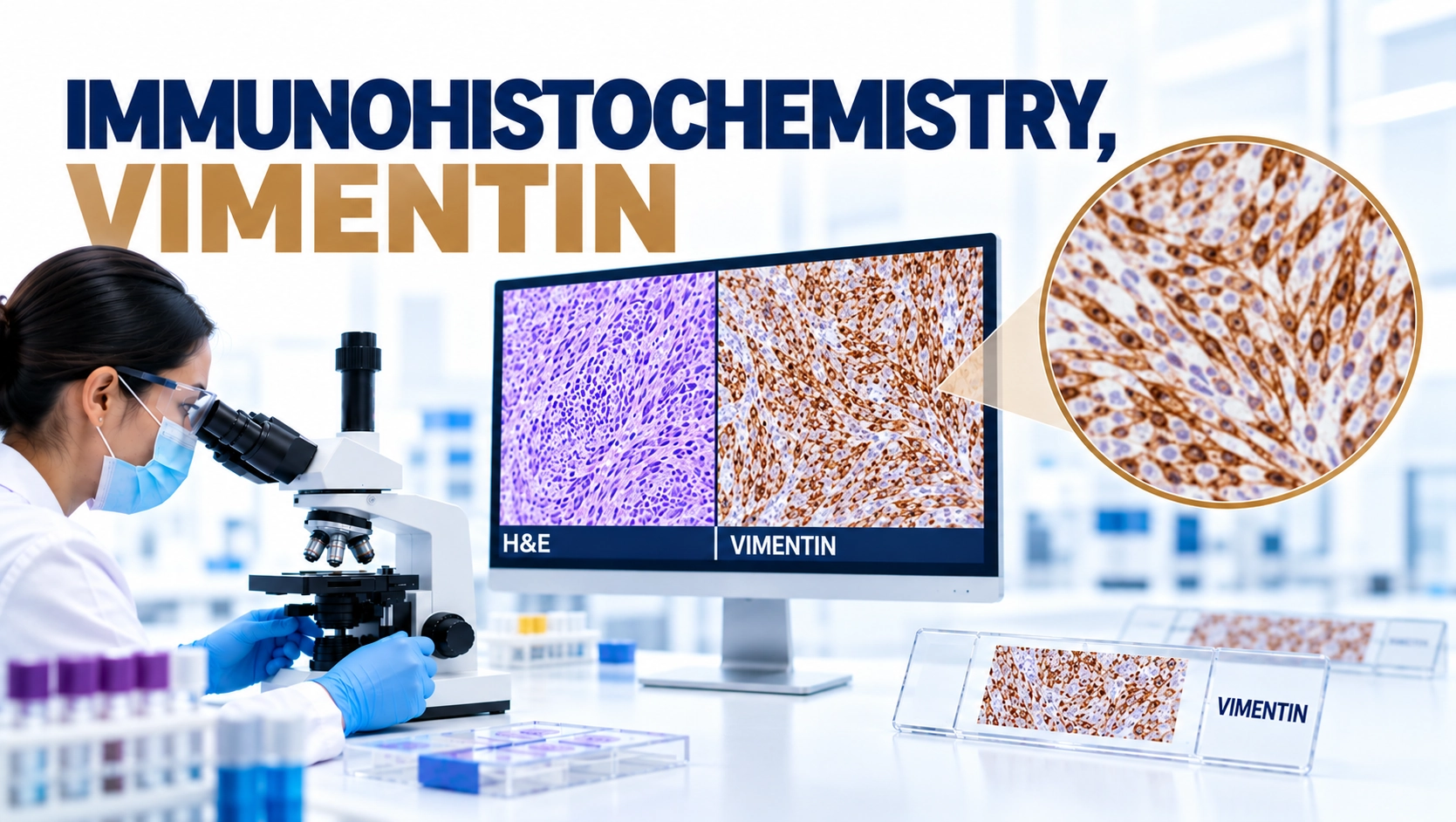 IHC Vimentin immunohistochemistry test showing mesenchymal and soft tissue tumor marker staining in tissue sample under microscope