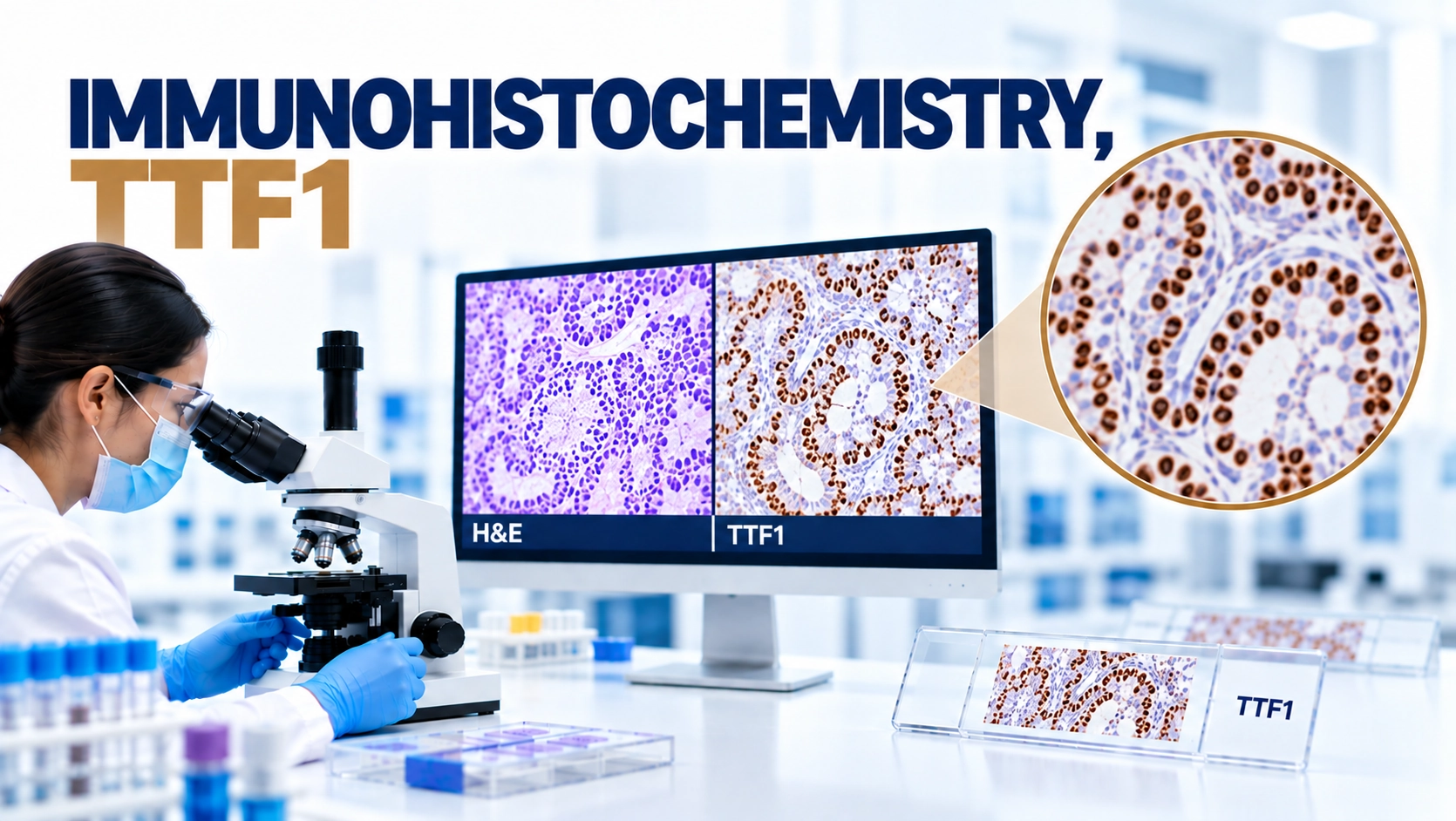 IHC TTF-1 immunohistochemistry test showing lung and thyroid tumor marker staining in tissue sample under microscope