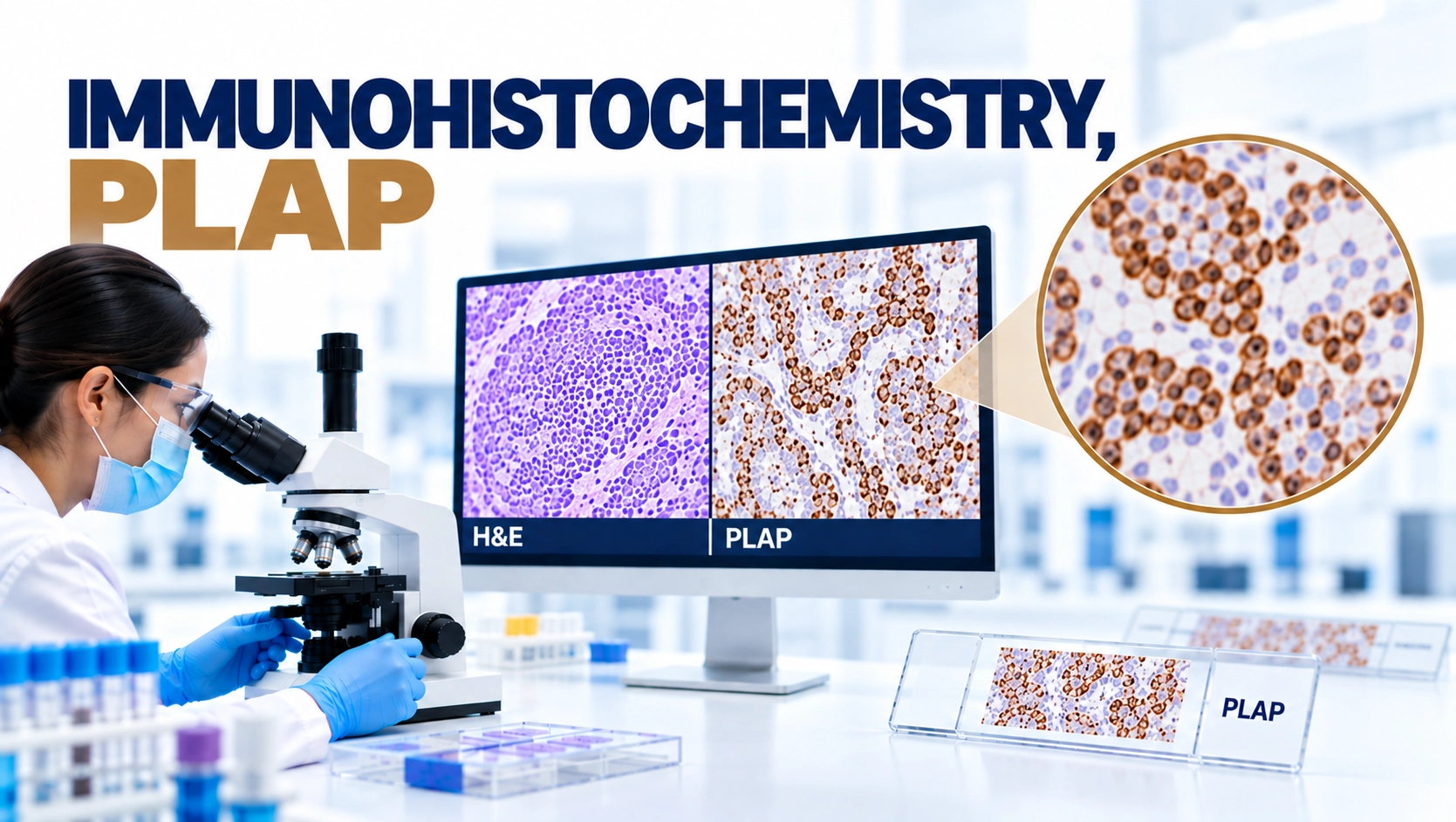 IHC PLAP immunohistochemistry test showing germ cell tumor marker staining in seminoma tissue under microscope