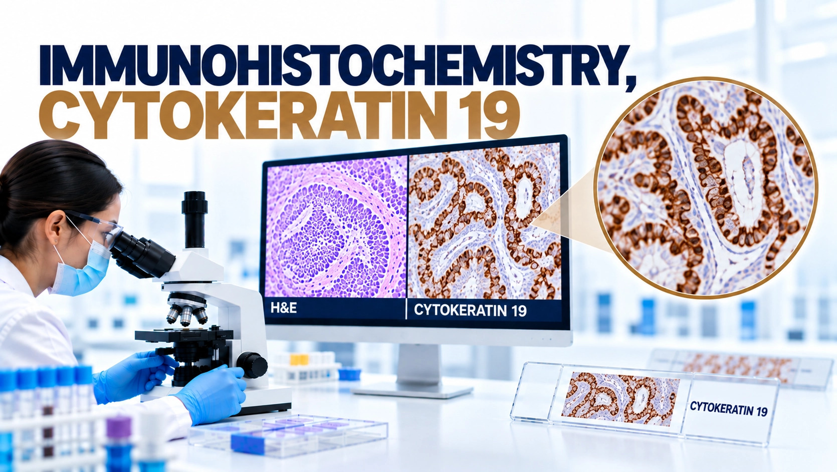 IHC Cytokeratin 19 (CK19) immunohistochemistry test showing epithelial and thyroid tumor marker staining in tissue sample under microscope