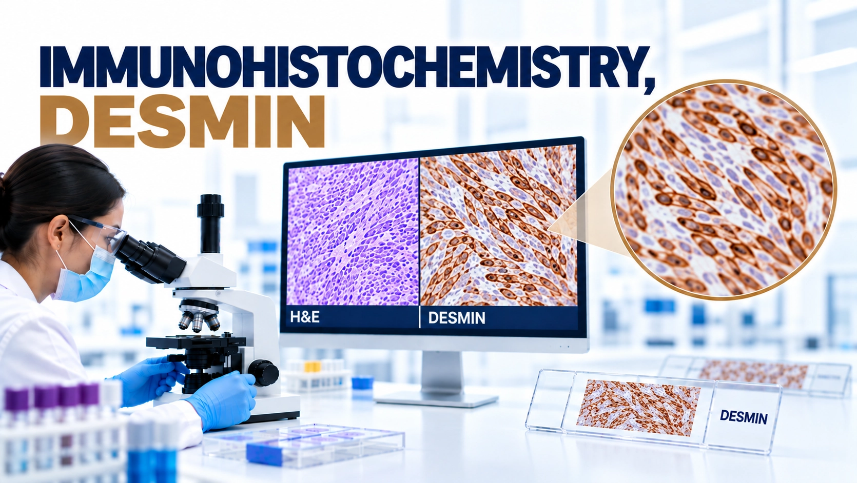 IHC Desmin immunohistochemistry test showing muscle tumor marker staining in soft tissue sample under microscope
