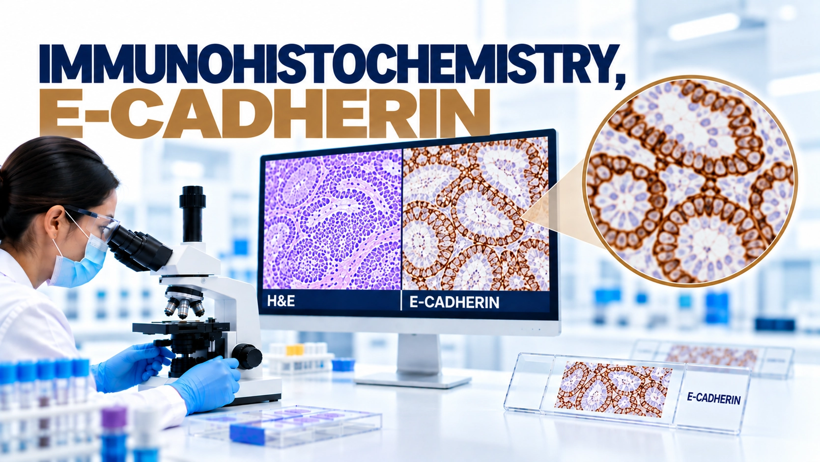 IHC E-Cadherin immunohistochemistry test showing epithelial cell adhesion marker staining in breast cancer tissue under microscope