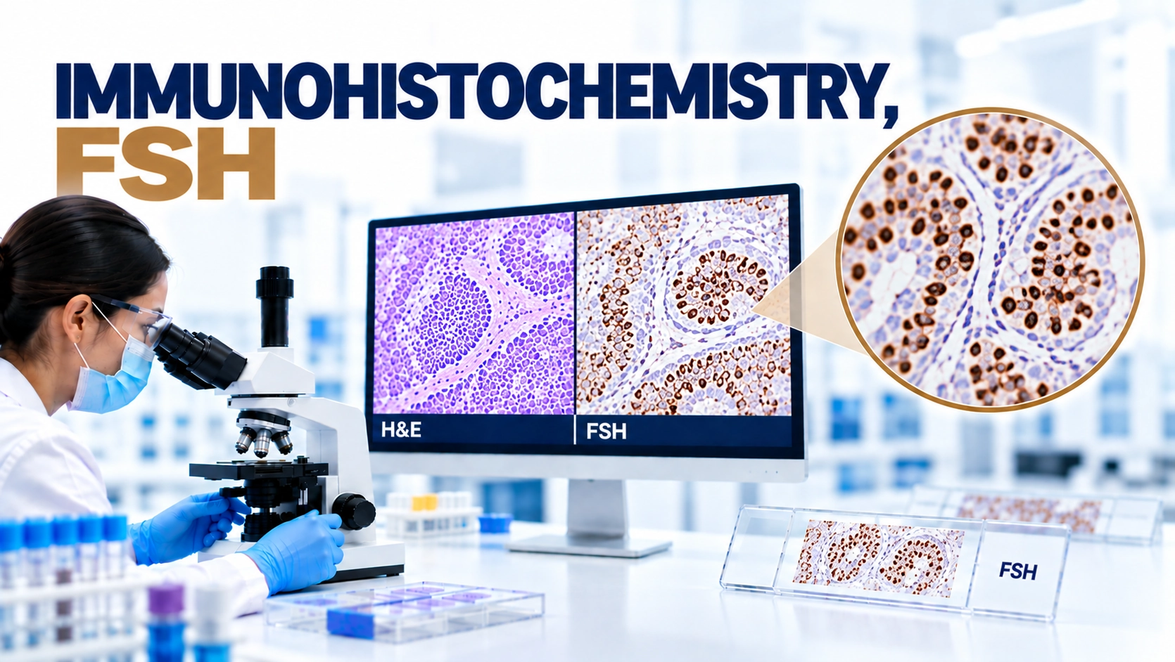 IHC FSH immunohistochemistry test showing Follicle Stimulating Hormone marker staining in pituitary tumor tissue under microscope