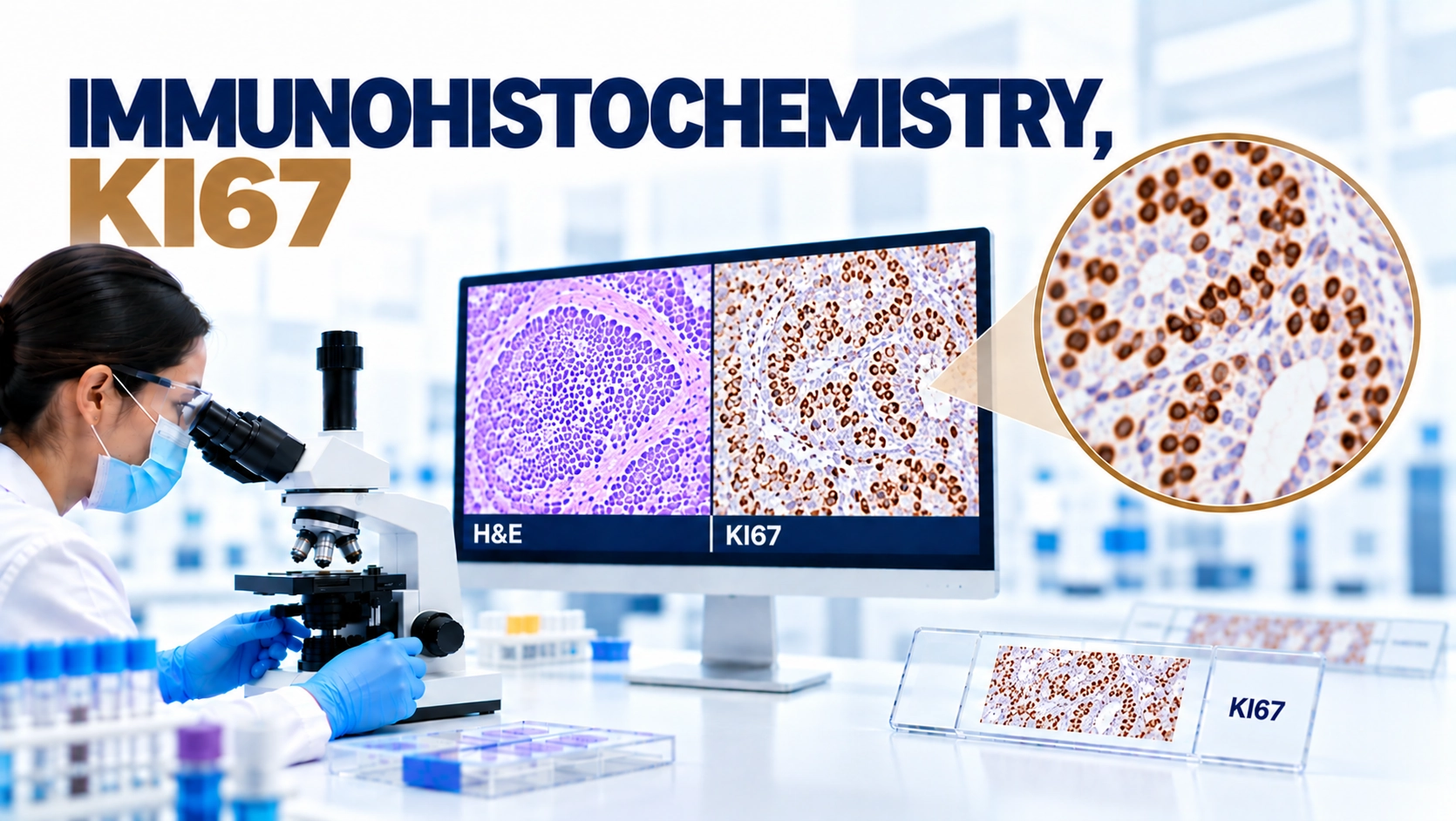 IHC Ki-67 immunohistochemistry test showing tumor proliferation marker staining in cancer tissue under microscope