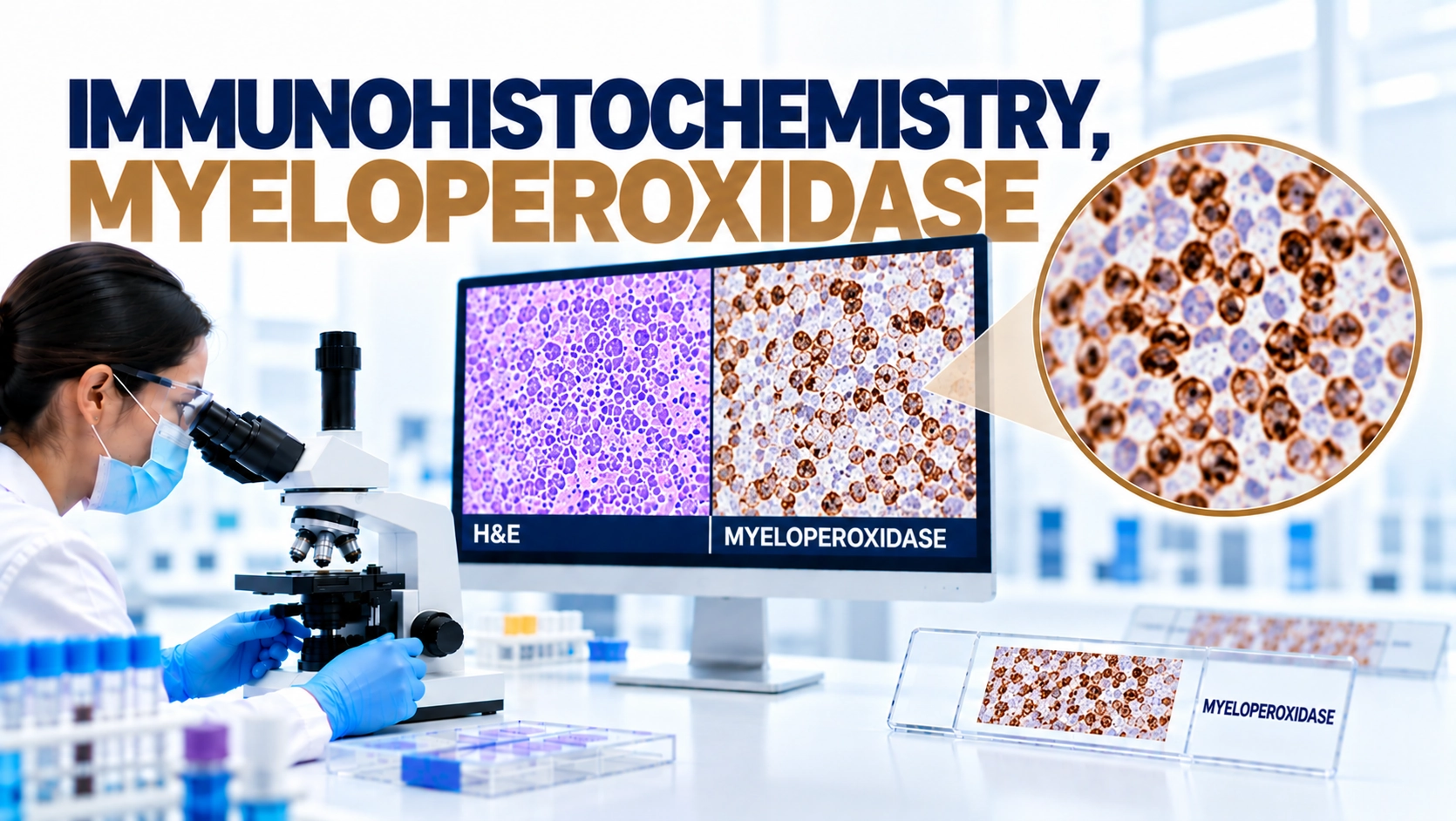 IHC Myeloperoxidase (MPO) immunohistochemistry test showing myeloid cell marker staining in bone marrow tissue under microscope