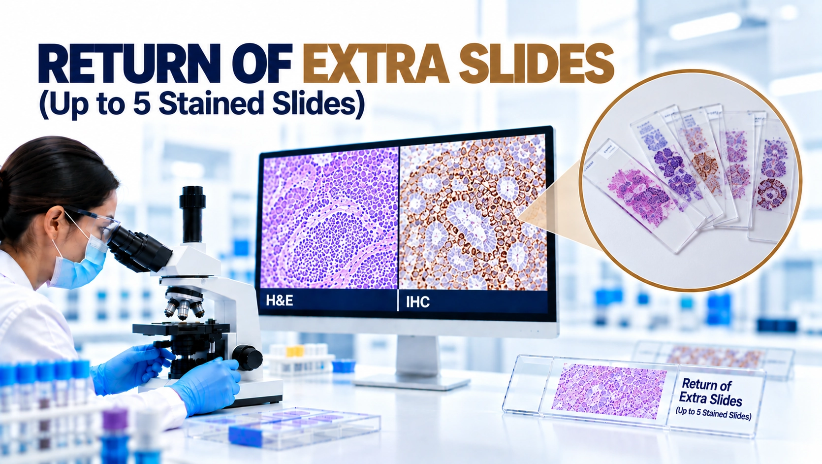 Up to 5 stained histopathology slides prepared for second opinion review, pathology consultation, and diagnostic evaluation
