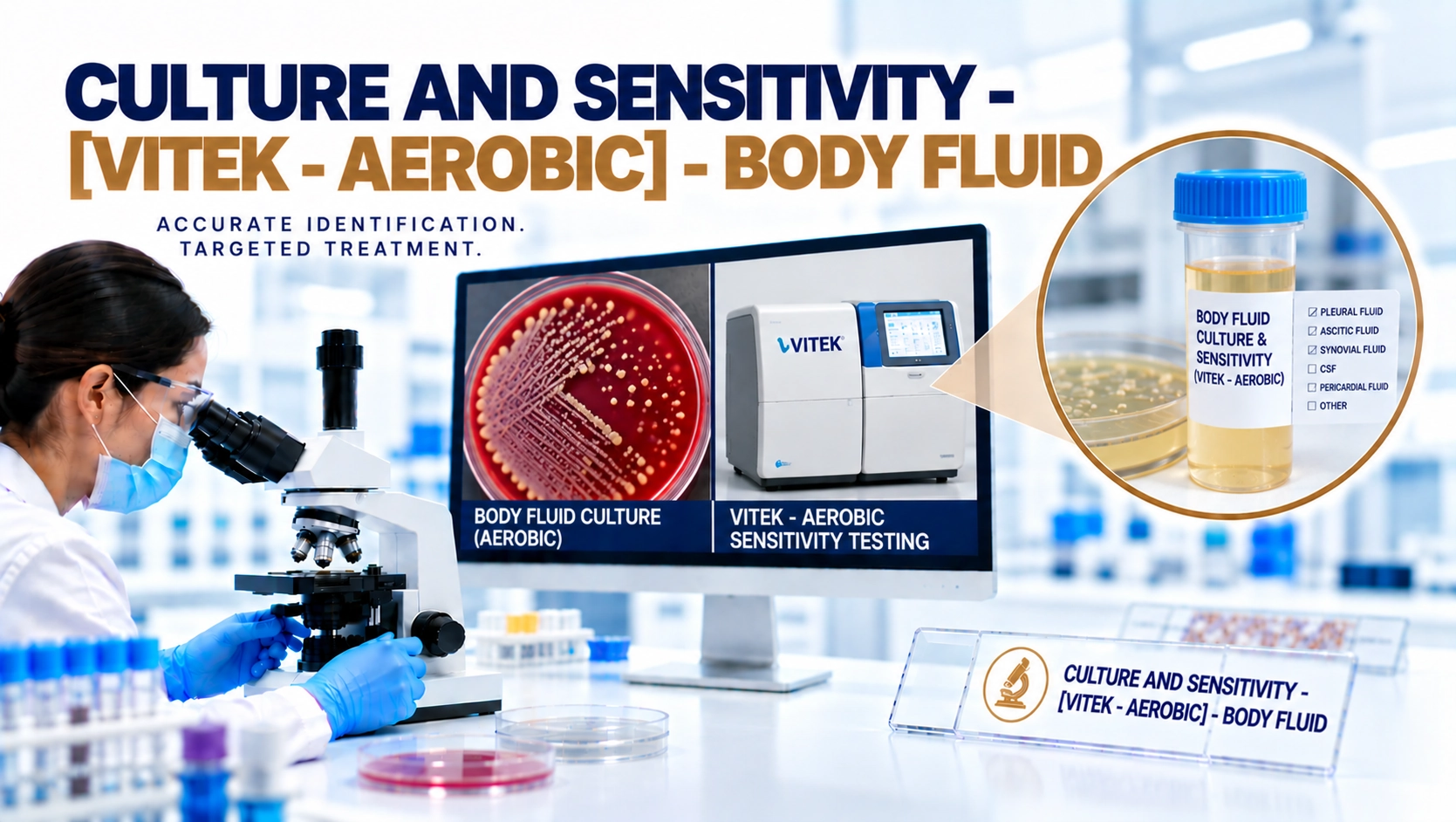 Culture and Sensitivity VITEK Aerobic Body Fluid test at Focus Diagnostics for detection of bacterial infections in body fluids and antibiotic susceptibility testing