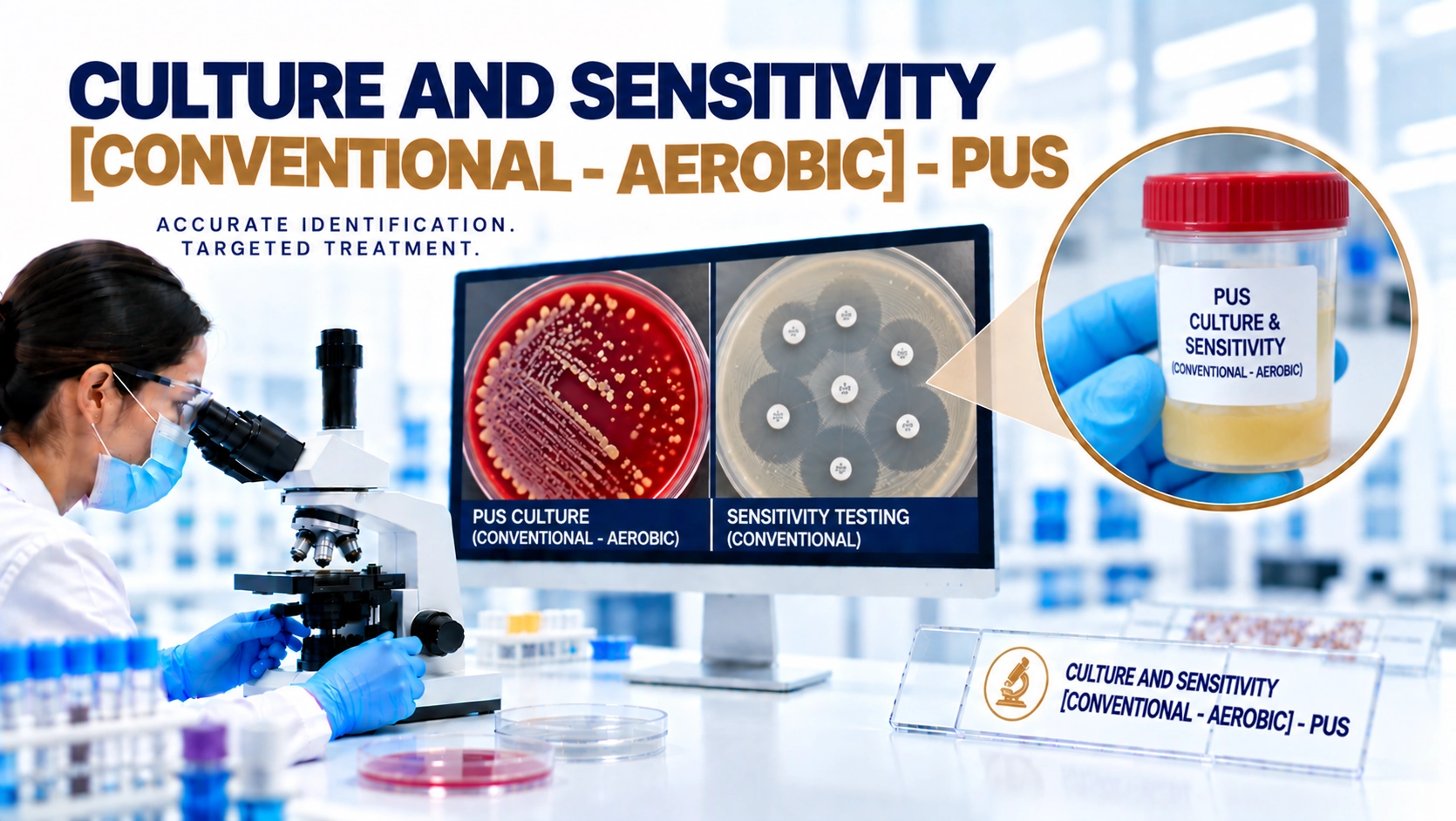 Culture and Sensitivity Conventional Aerobic Pus test at Focus Diagnostics for detection of bacterial infections in pus samples and antibiotic susceptibility testing
