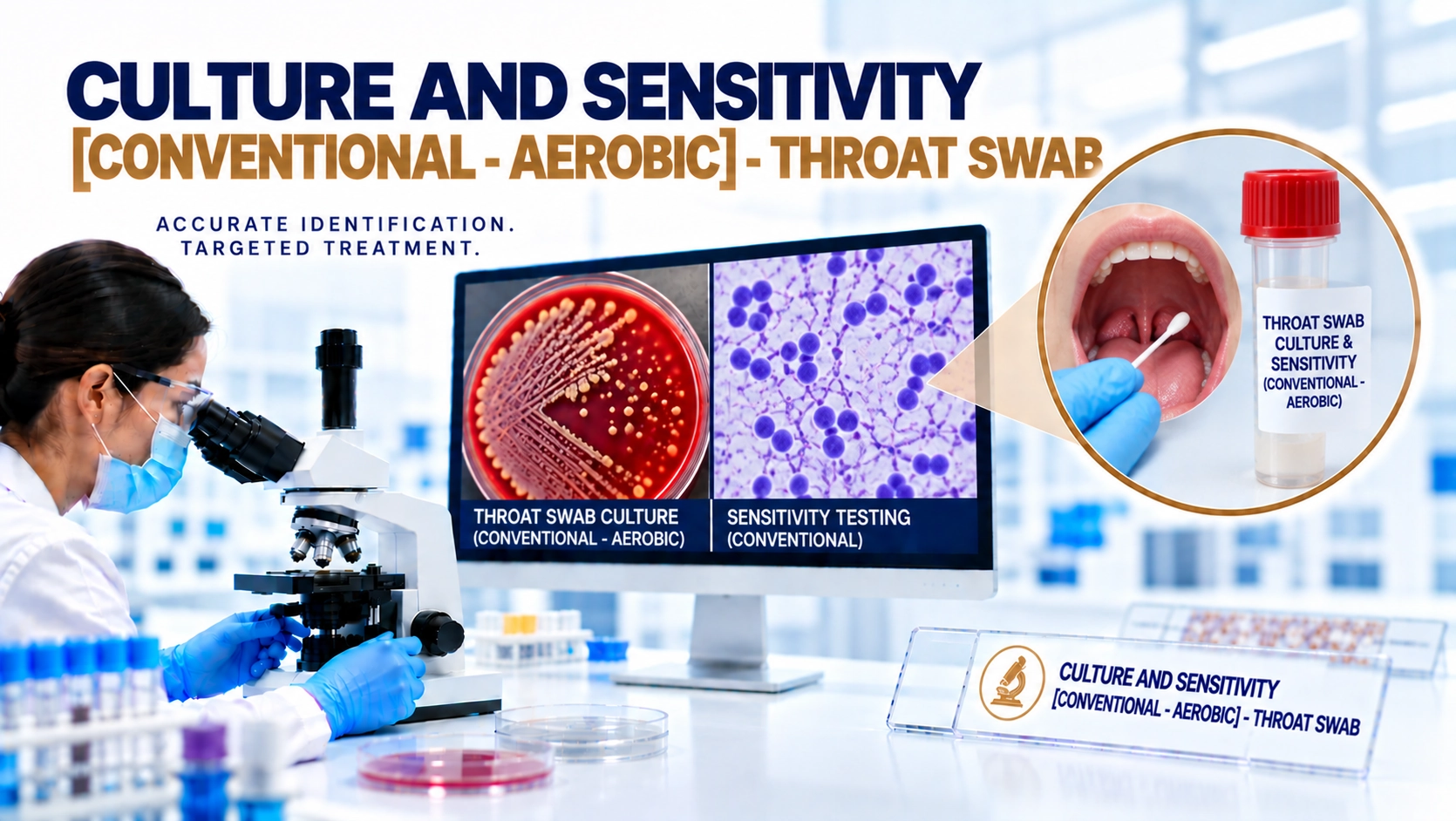 Culture and Sensitivity Conventional Aerobic Throat Swab test at Focus Diagnostics for diagnosis of bacterial throat infections and antibiotic susceptibility testing